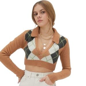 Urban Outfitters Women's Tan‎ and Brown Collared Cropped Sweater V Neck Size S